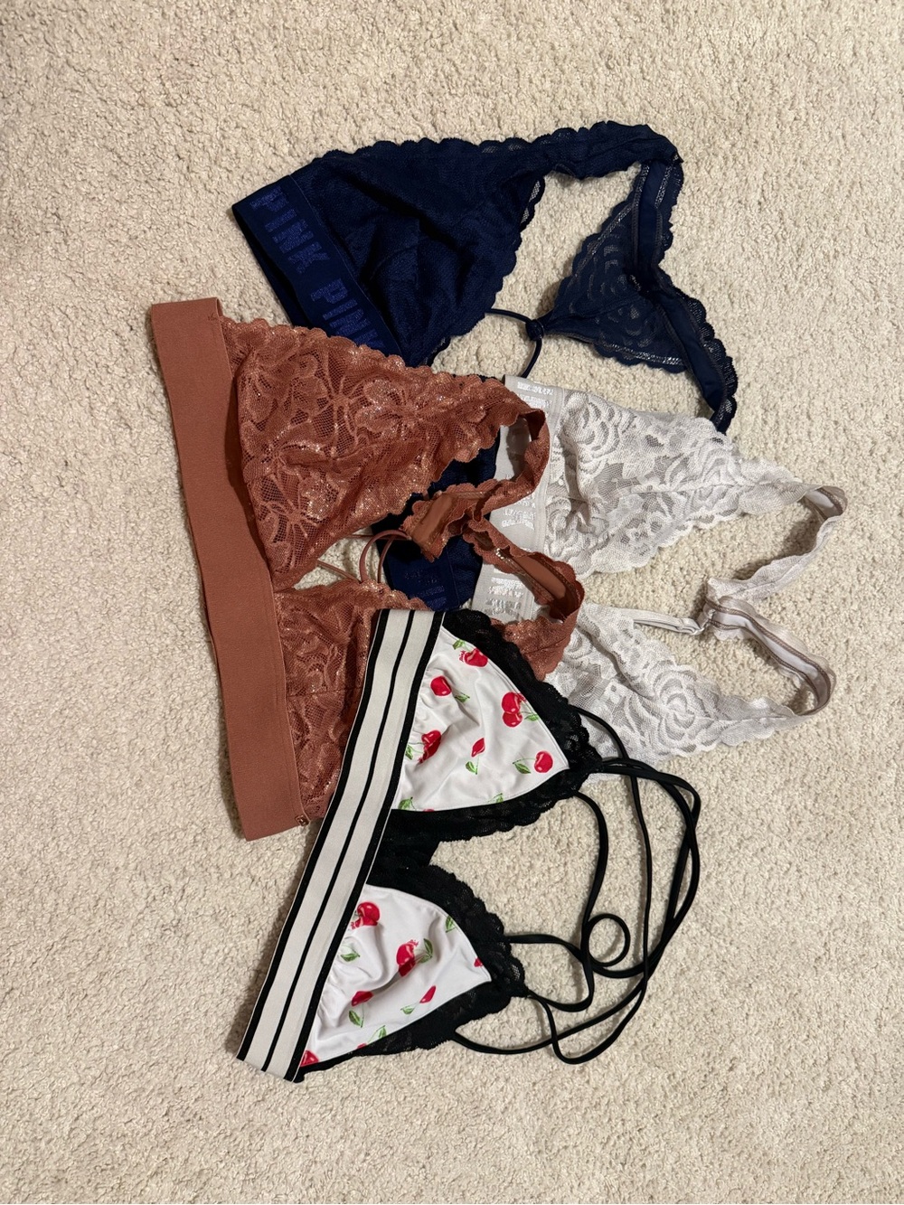 Victoria's Secret Lace Bralette Set in Navy, Brown, White & Black Cherry Print